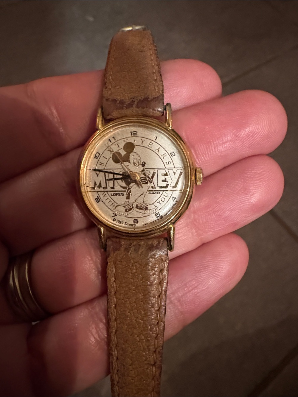 1987 60th anniversary watchMickey Mouse Gold Tone Watch Brown Leather Strap